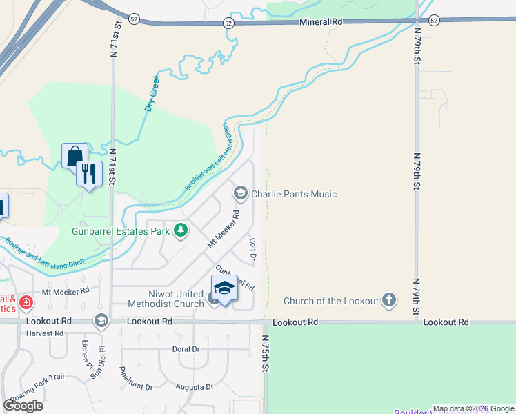 map of restaurants, bars, coffee shops, grocery stores, and more near 7458 Mount Sherman Road in Longmont