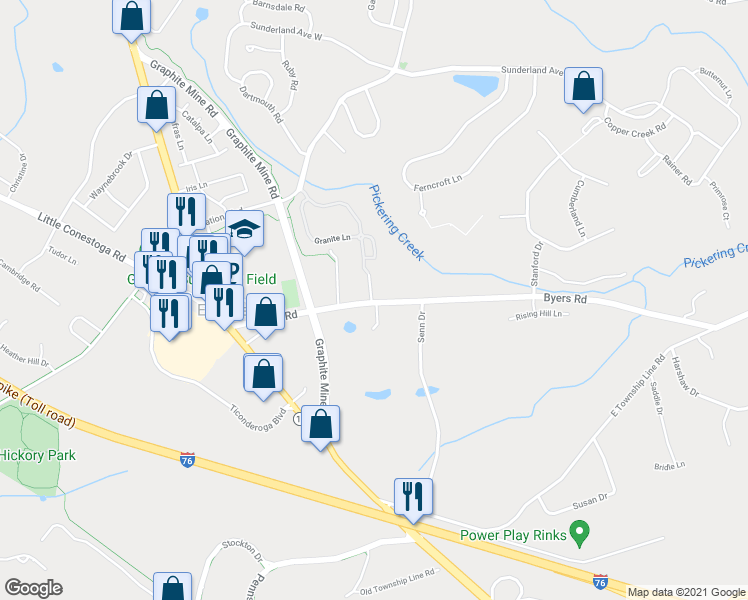 map of restaurants, bars, coffee shops, grocery stores, and more near 201 Byers Road in Chester Springs