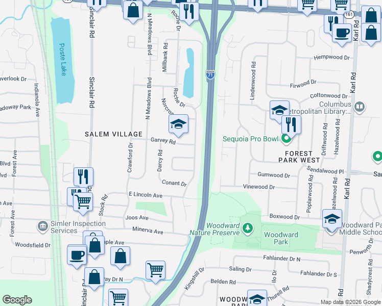 map of restaurants, bars, coffee shops, grocery stores, and more near 5475 Roche Drive in Columbus