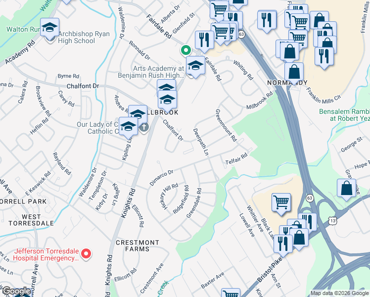 map of restaurants, bars, coffee shops, grocery stores, and more near 4200 Chalfont Place in Philadelphia