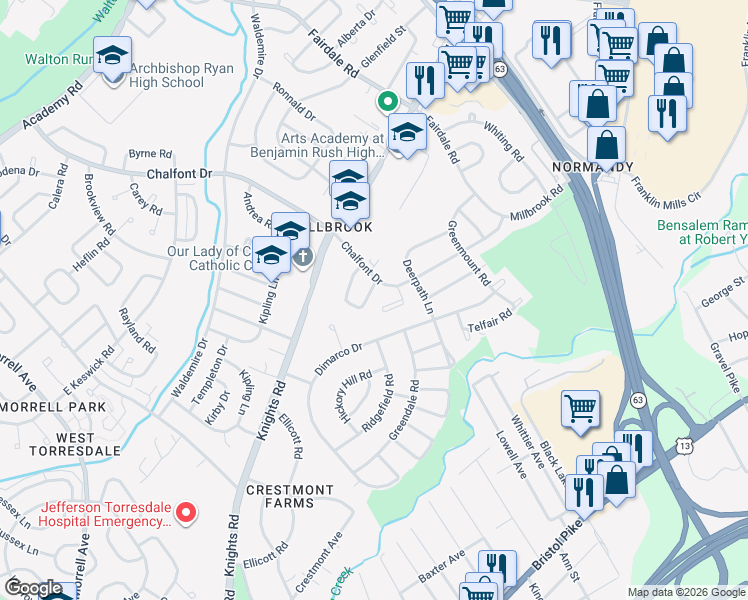 map of restaurants, bars, coffee shops, grocery stores, and more near 11103 Dora Drive in Philadelphia