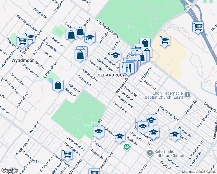 map of restaurants, bars, coffee shops, grocery stores, and more near 8439 Williams Avenue in Philadelphia