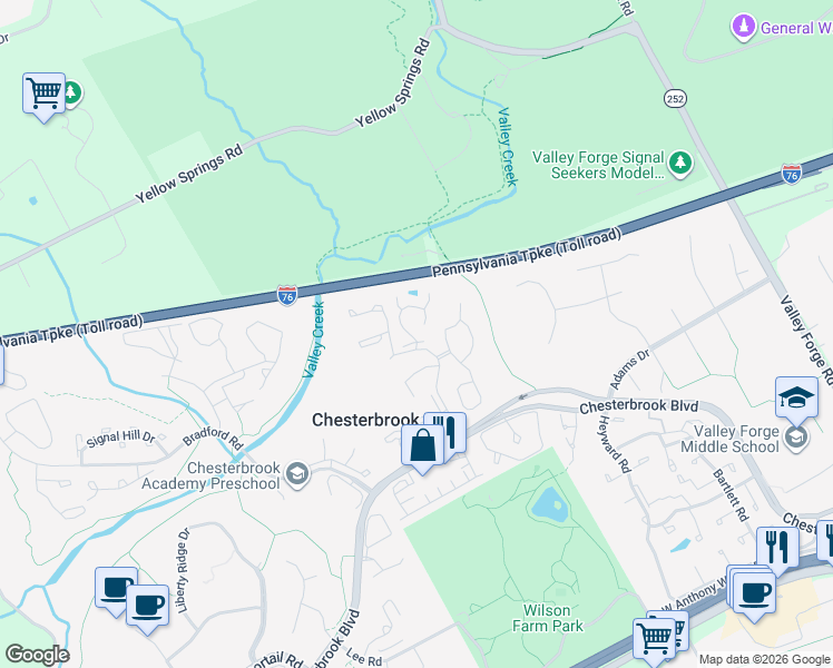 map of restaurants, bars, coffee shops, grocery stores, and more near 205 Springhouse Pond in Chesterbrook