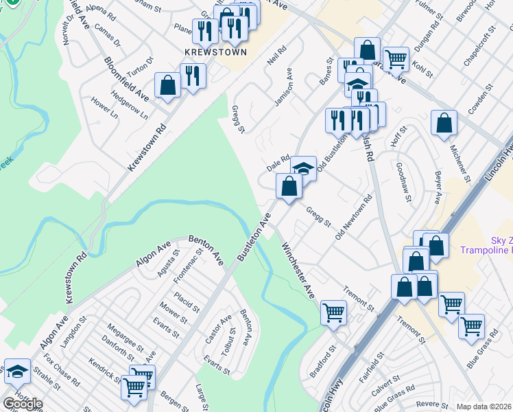 map of restaurants, bars, coffee shops, grocery stores, and more near 1705 Chestnut Lane in Philadelphia