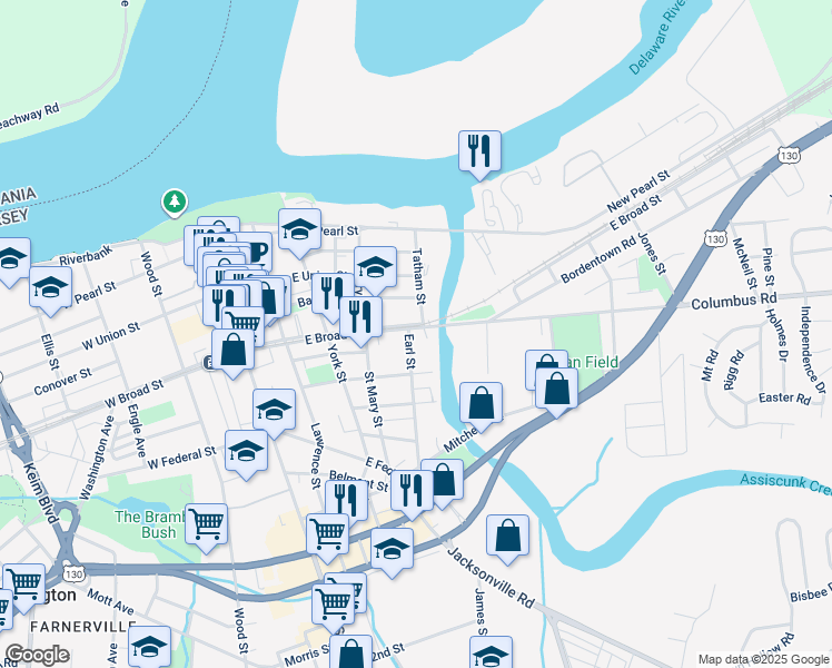 map of restaurants, bars, coffee shops, grocery stores, and more near 352 East Broad Street in Burlington