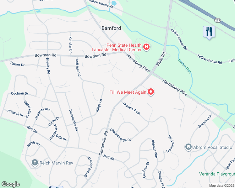 map of restaurants, bars, coffee shops, grocery stores, and more near 1118 Centerville Road in Lancaster