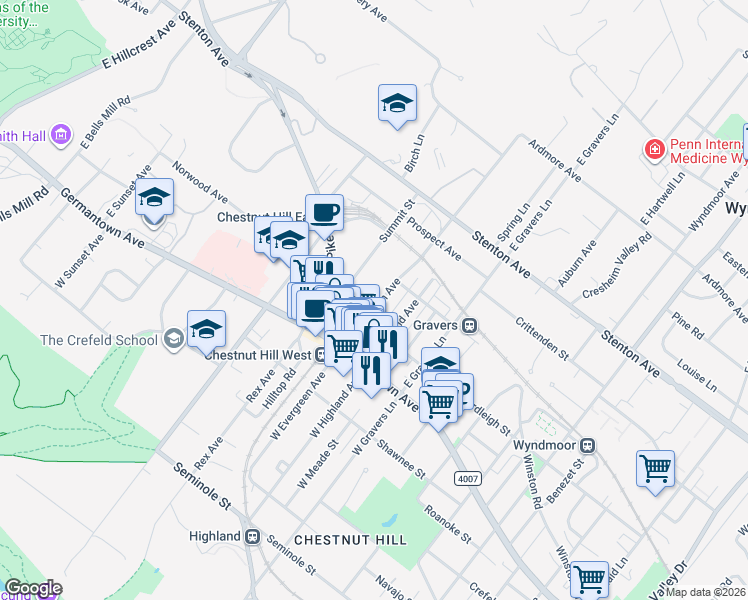 map of restaurants, bars, coffee shops, grocery stores, and more near 255 East Evergreen Avenue in Philadelphia