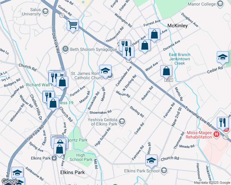 map of restaurants, bars, coffee shops, grocery stores, and more near 8301 Cadwalader Avenue in Elkins Park