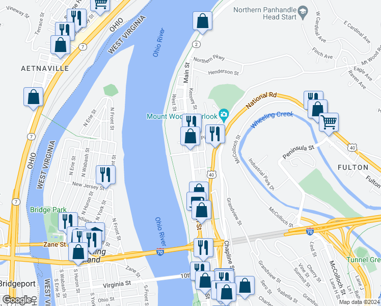 map of restaurants, bars, coffee shops, grocery stores, and more near 501 Main Street in Wheeling