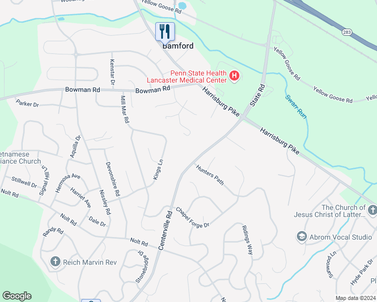 map of restaurants, bars, coffee shops, grocery stores, and more near 1118 Centerville Road in Lancaster