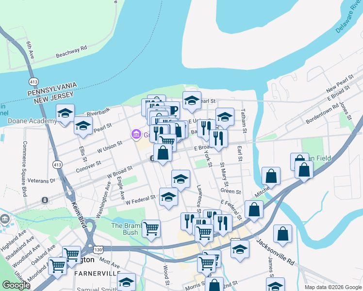 map of restaurants, bars, coffee shops, grocery stores, and more near in Burlington