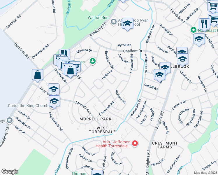 map of restaurants, bars, coffee shops, grocery stores, and more near 3551 Dows Road in Philadelphia