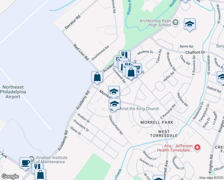 map of restaurants, bars, coffee shops, grocery stores, and more near 3206 Kilburn Road in Philadelphia