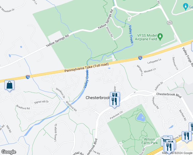 map of restaurants, bars, coffee shops, grocery stores, and more near 25 Algonquin Court in Chesterbrook