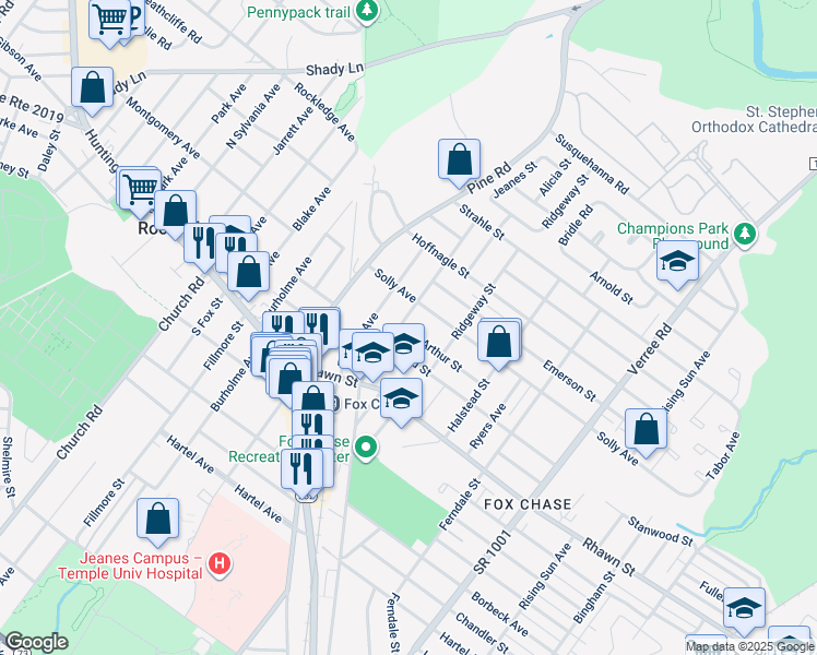 map of restaurants, bars, coffee shops, grocery stores, and more near 8117 Jeanes Street in Philadelphia