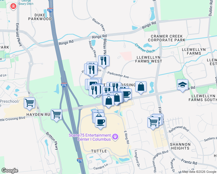 map of restaurants, bars, coffee shops, grocery stores, and more near 5550 Blazer Parkway in Dublin
