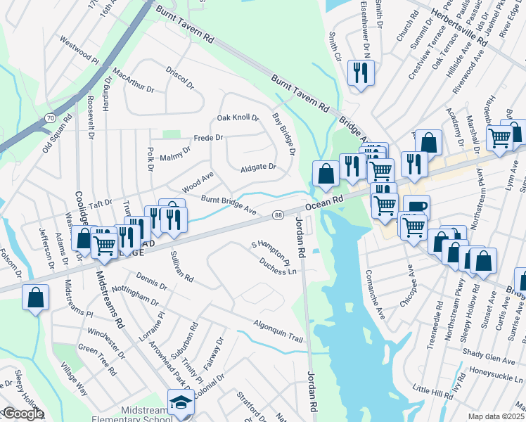 map of restaurants, bars, coffee shops, grocery stores, and more near 2200 New Jersey 88 in Brick Township