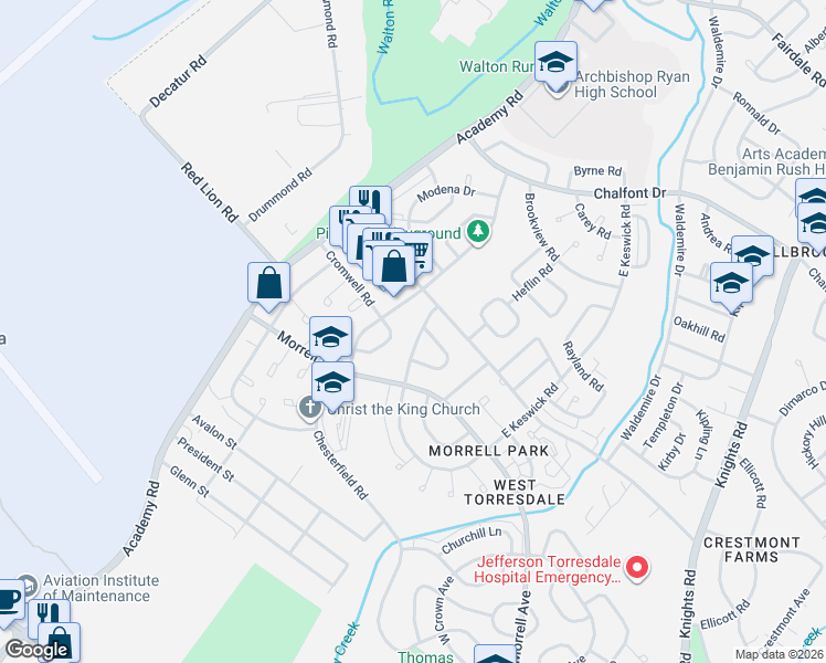 map of restaurants, bars, coffee shops, grocery stores, and more near 3299 Morrell Avenue in Philadelphia