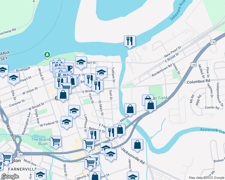 map of restaurants, bars, coffee shops, grocery stores, and more near 352 East Broad Street in Burlington