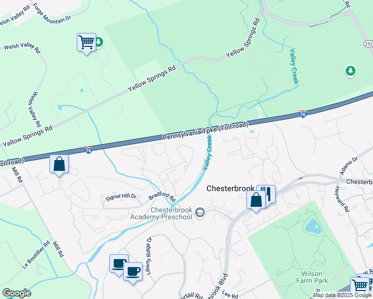 map of restaurants, bars, coffee shops, grocery stores, and more near 197 Valley Stream Lane in Chesterbrook