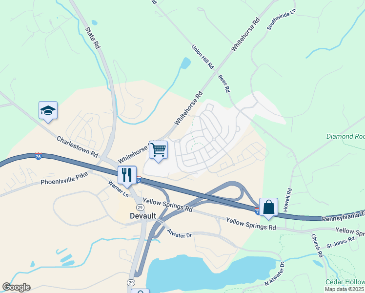map of restaurants, bars, coffee shops, grocery stores, and more near 325 Quigley Drive in Malvern