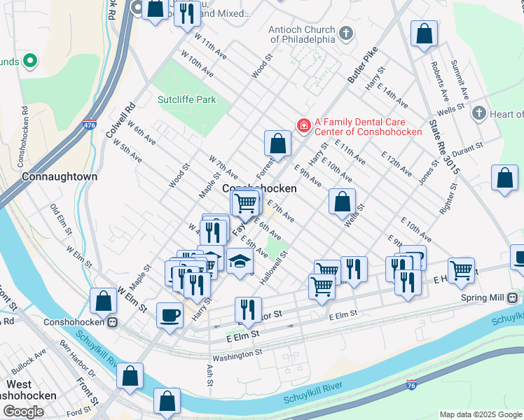 map of restaurants, bars, coffee shops, grocery stores, and more near 613 Fayette Street in Conshohocken