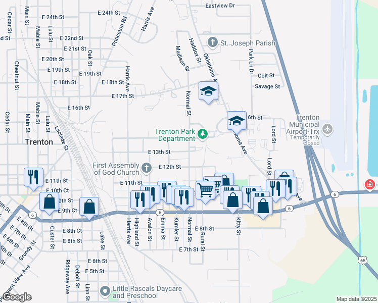 map of restaurants, bars, coffee shops, grocery stores, and more near 1499 E 13th St in Trenton