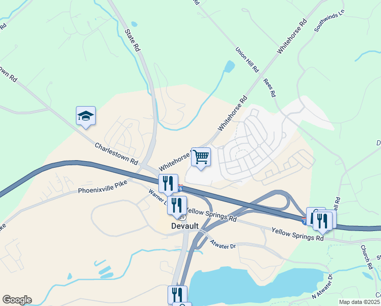 map of restaurants, bars, coffee shops, grocery stores, and more near in Devault