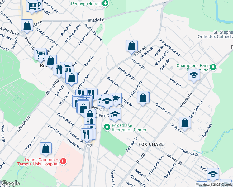 map of restaurants, bars, coffee shops, grocery stores, and more near 8117 Jeanes Street in Philadelphia