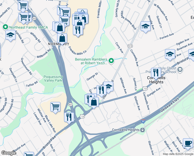 map of restaurants, bars, coffee shops, grocery stores, and more near 1155 Regina Avenue in Bensalem