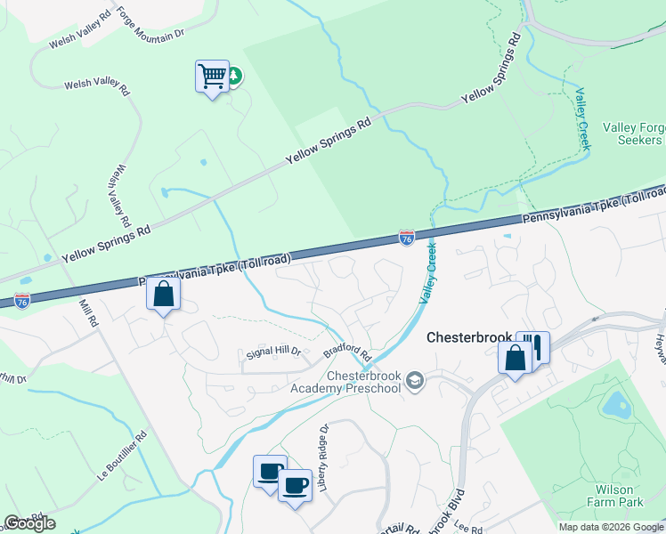 map of restaurants, bars, coffee shops, grocery stores, and more near 155 Valley Stream Circle in Chesterbrook