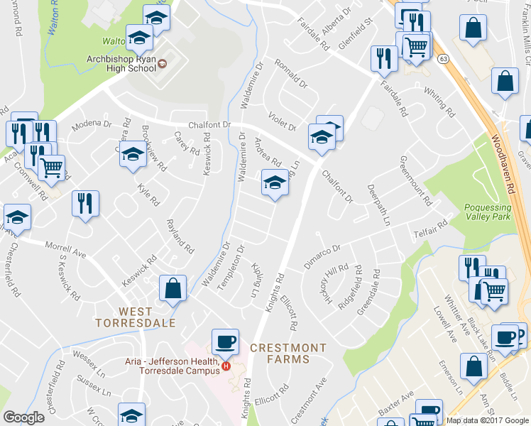 map of restaurants, bars, coffee shops, grocery stores, and more near 3815 Oakhill Road in Philadelphia