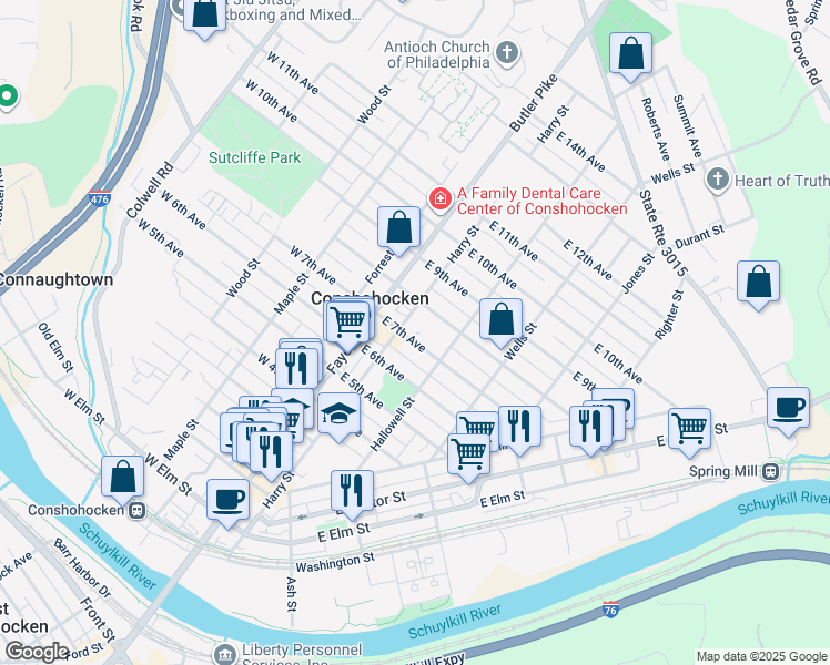 map of restaurants, bars, coffee shops, grocery stores, and more near 112 East 7th Avenue in Conshohocken