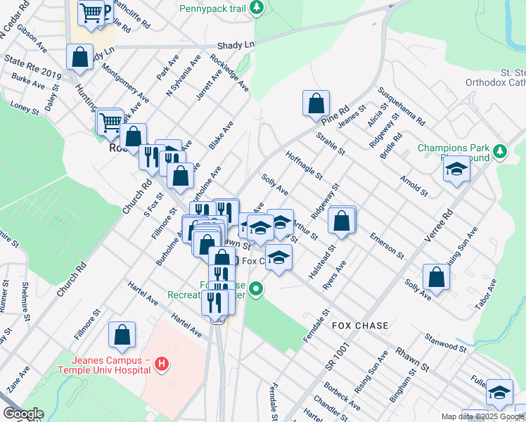 map of restaurants, bars, coffee shops, grocery stores, and more near 8105 Elberon Avenue in Philadelphia