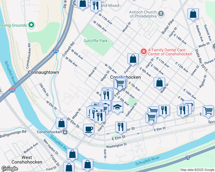 map of restaurants, bars, coffee shops, grocery stores, and more near 130 West 5th Avenue in Conshohocken