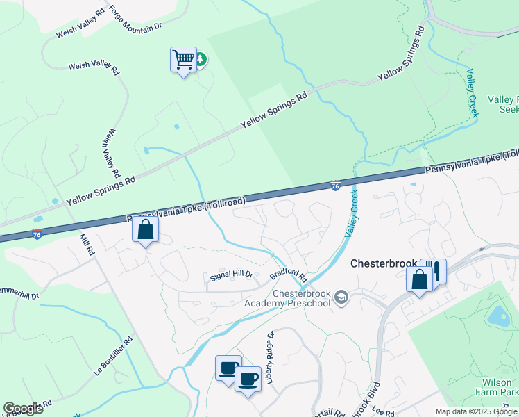 map of restaurants, bars, coffee shops, grocery stores, and more near 1431 Washington Place in Chesterbrook