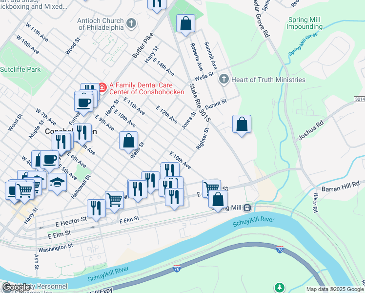 map of restaurants, bars, coffee shops, grocery stores, and more near 421 East 11th Avenue in Conshohocken