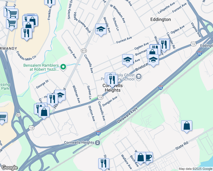 map of restaurants, bars, coffee shops, grocery stores, and more near 1030 Johanna Avenue in Bensalem