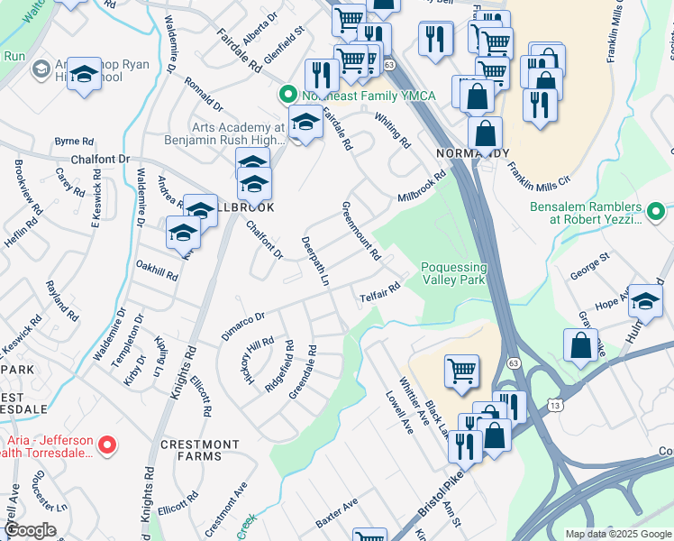 map of restaurants, bars, coffee shops, grocery stores, and more near 11715 Denman Road in Philadelphia