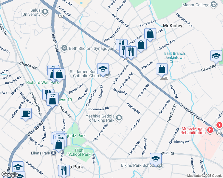 map of restaurants, bars, coffee shops, grocery stores, and more near 8301 Cadwalader Avenue in Elkins Park