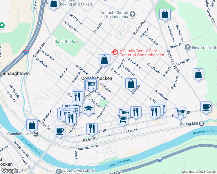map of restaurants, bars, coffee shops, grocery stores, and more near 112 East 7th Avenue in Conshohocken