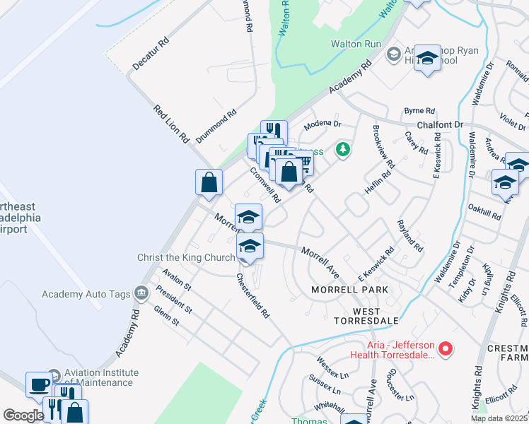 map of restaurants, bars, coffee shops, grocery stores, and more near 10214 Calera Road in Philadelphia