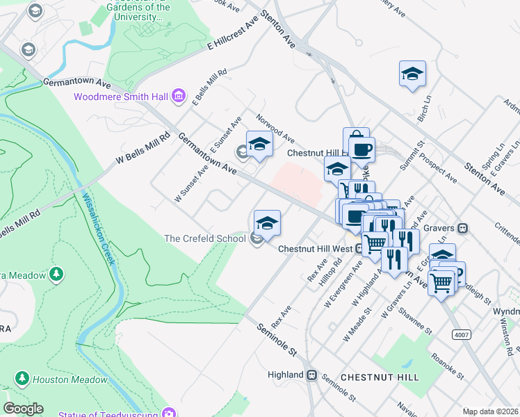 map of restaurants, bars, coffee shops, grocery stores, and more near 8 Norman Lane in Philadelphia