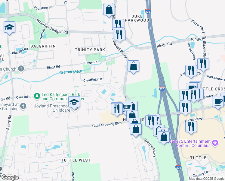 map of restaurants, bars, coffee shops, grocery stores, and more near 5703 Crescent Ridge Drive in Dublin
