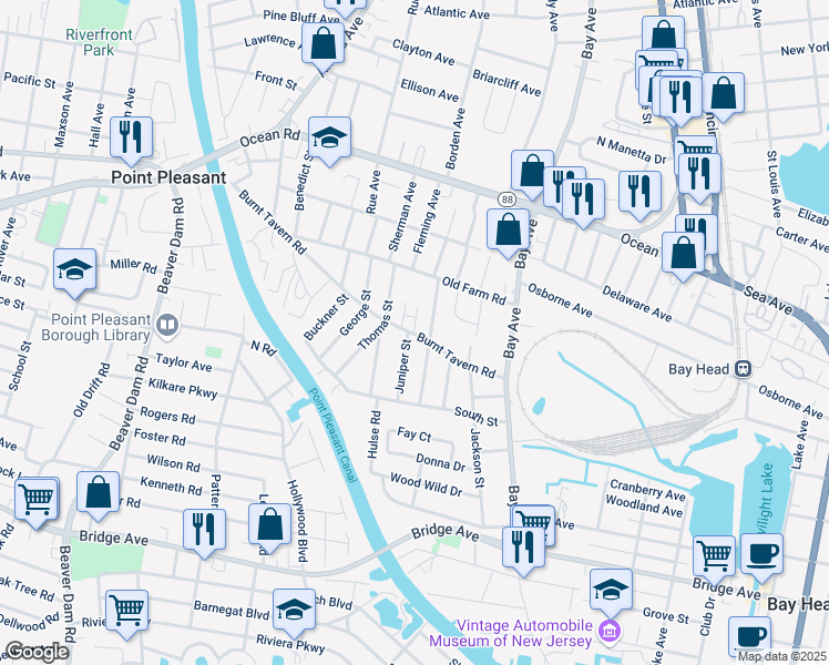 map of restaurants, bars, coffee shops, grocery stores, and more near 1309 Nersita Drive in Point Pleasant