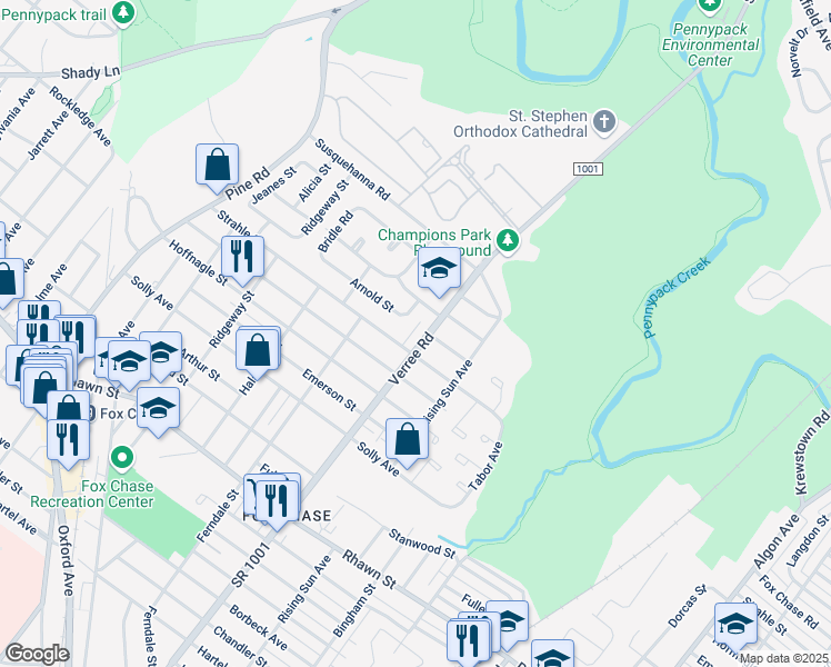 map of restaurants, bars, coffee shops, grocery stores, and more near 8418 Verree Road in Philadelphia