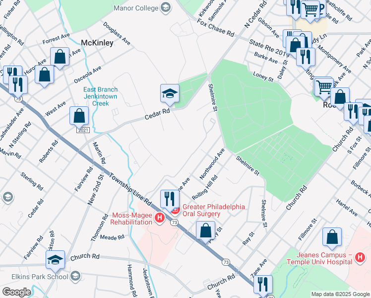 map of restaurants, bars, coffee shops, grocery stores, and more near 314 Glen Lane in Elkins Park