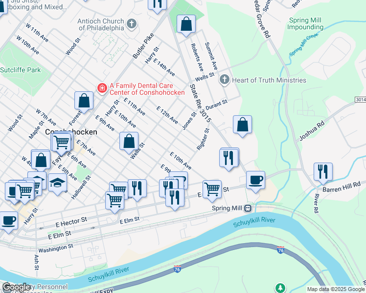 map of restaurants, bars, coffee shops, grocery stores, and more near 421 East 11th Avenue in Conshohocken