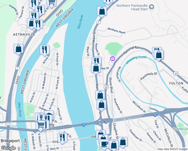 map of restaurants, bars, coffee shops, grocery stores, and more near 441 Main Street in Wheeling