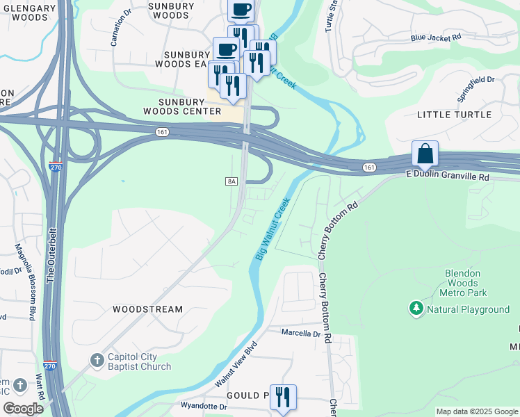 map of restaurants, bars, coffee shops, grocery stores, and more near 5900 Sunbury Road in Columbus